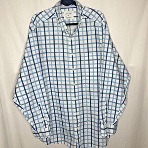 RY CASUALS Button Front Long Sleeve Shirt Mens 2X White Blue Windowpane Cotton